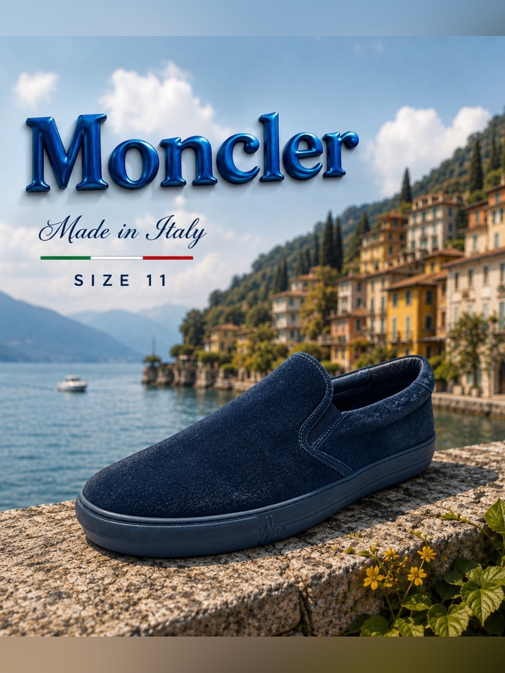 Moncler Blue Suede Slip-On Loafers Men's Size 11 (EU 44) Made in Italy